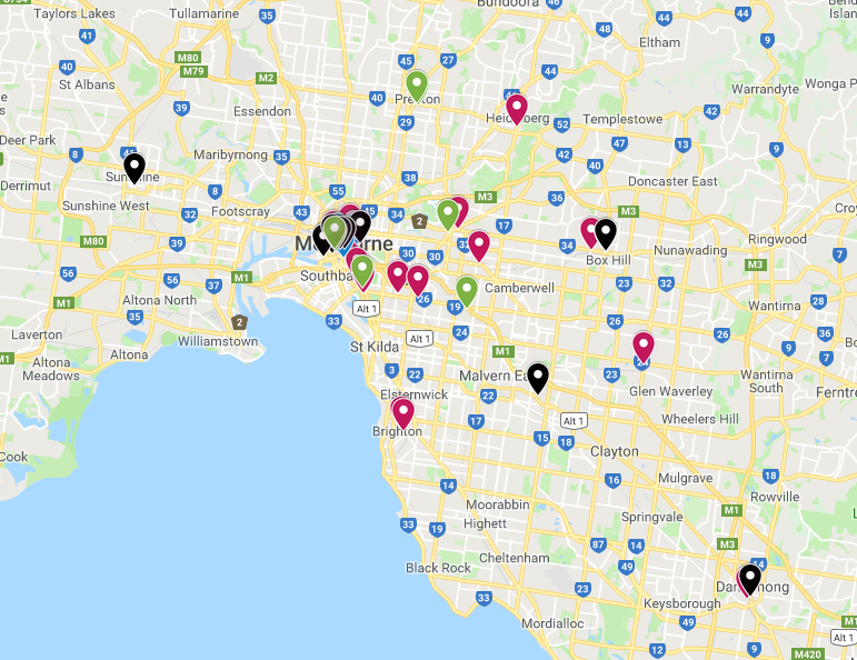 A map of serviced office locations in Melbourne.