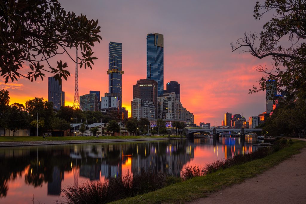 Melbourne Southbank CBD at dusk, from north of the Yarra river.