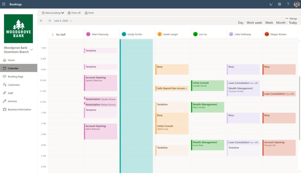 The staff view of Microsoft Bookings calendar booking software.